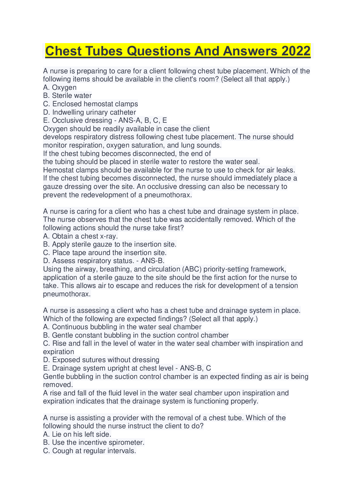 Chest Tubes Questions And Answers 2022 Browsegrades